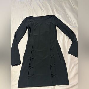 Black Long-Sleeve Women’s Dress with Side Lattice Detail